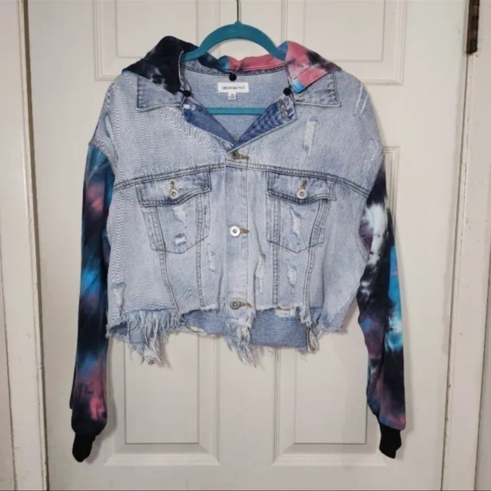 Dance & Marvel Blue Pink Raw Hem Crop Distressed Convertible Denim Jacket Sz M